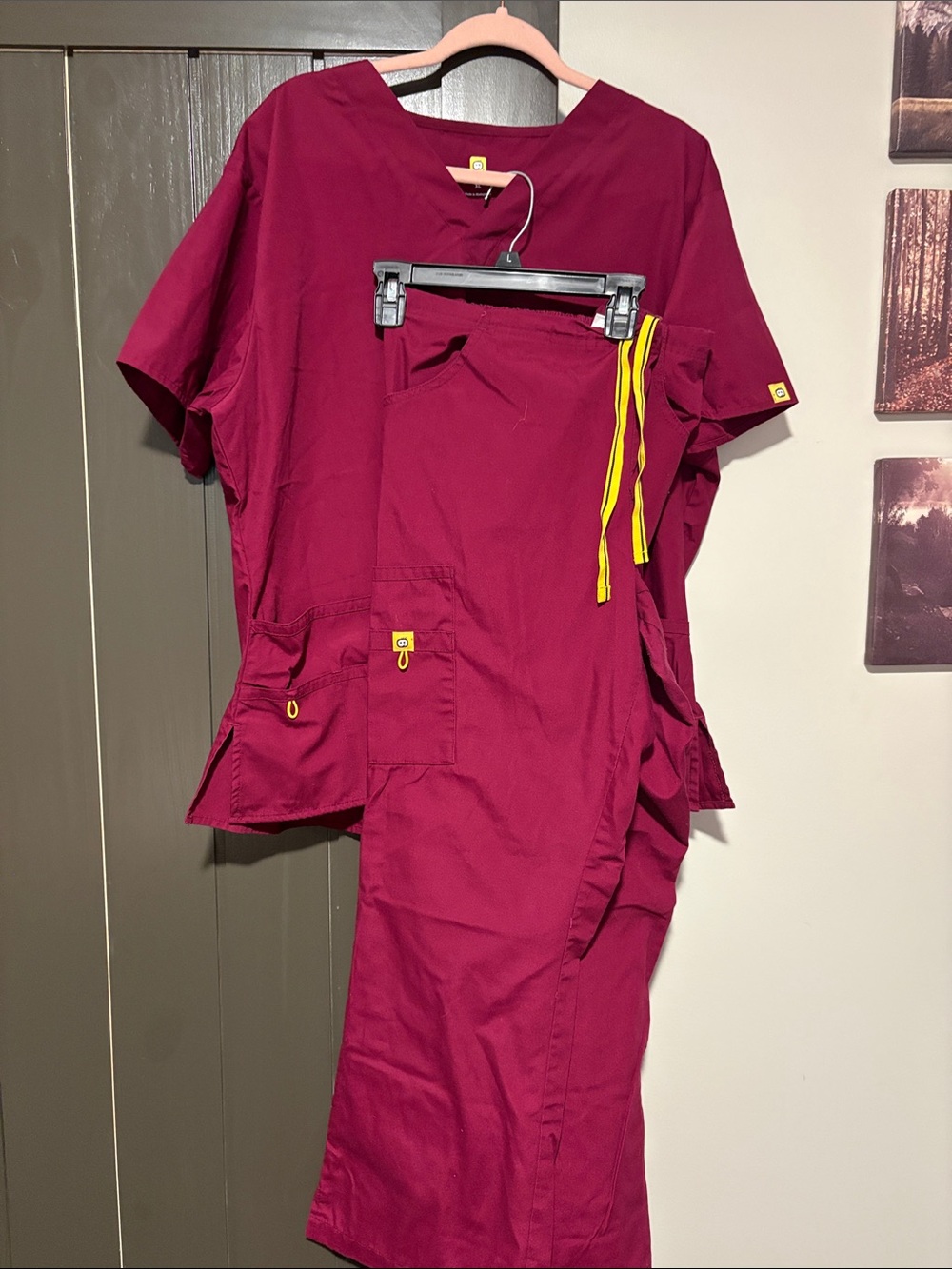 Berry Maroon Scrub Set with Yellow Accents